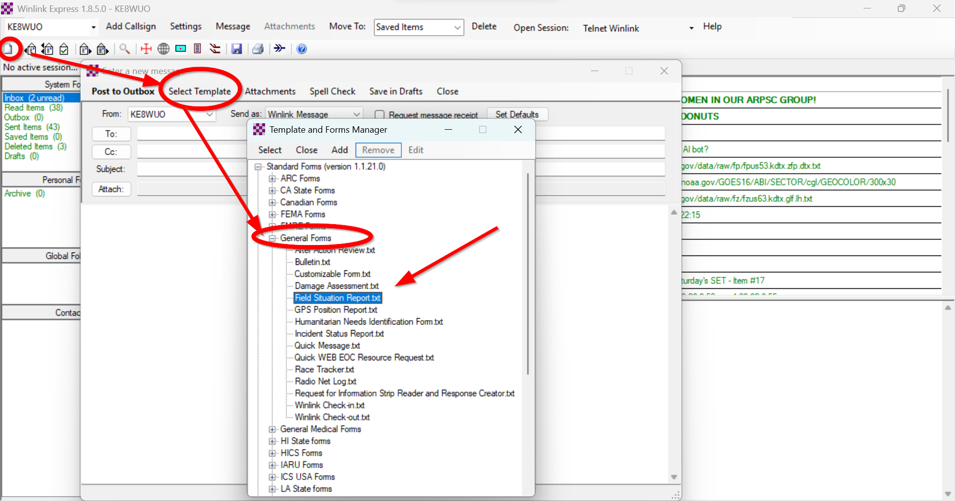 Winlink Express Template and Forms Manager showing the Field Situation Report under General Forms