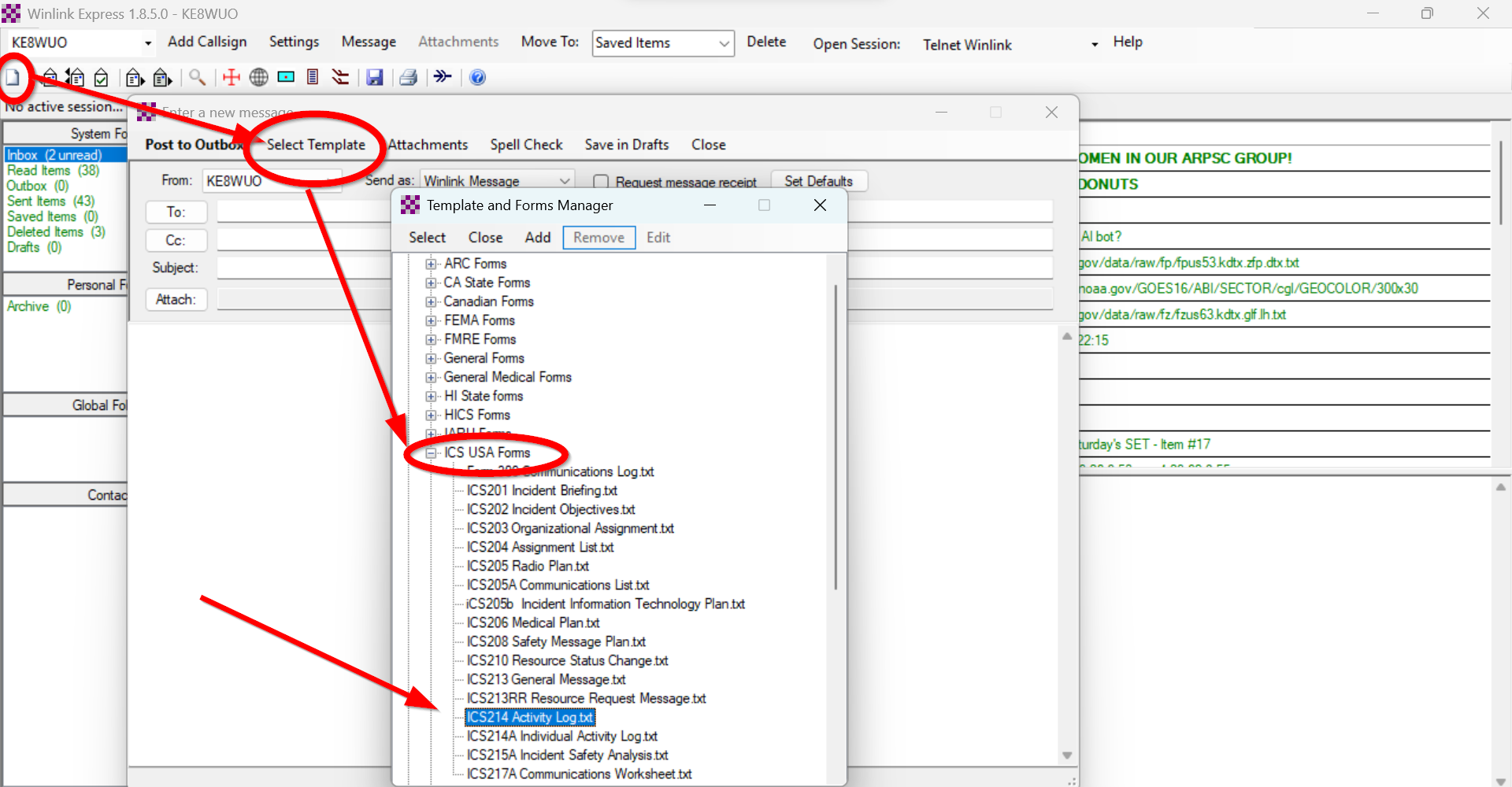 Winlink Express Template and Forms Manager showing the ICS214 Activity Log under ICS USA Forms